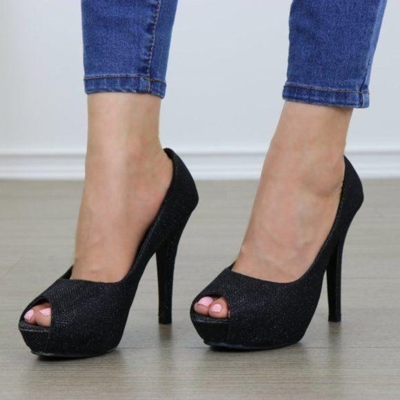 Peep Toe Platform Stiletto Glittery Fabric Heels - Picture 2 of 12